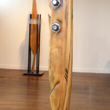 COMPROMISED XI: SUBDUED (Foreground); Wood, hardware, stain & COMPROMISED VI (background)