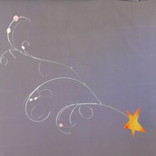 This mobile maquette is UNTITLED. Materials used include: aluminum, cardboard, and paint. There is a bright yellow and orange star at the end of this mobile.