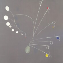 This mobile is titled "CELESTIAL II," the artist used aluminum and balsa wood.