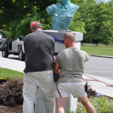 This image depicts the installation of the bronze JOSEF STALIN sculpture at The NATIONAL D-DAY MEMORIAL in Bedford, VA.