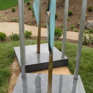 COMPROMISED: RESTORATION GATE II@ Pearson Cancer Center “Healing Garden”, Centra Health, Lynchburg, VA – Detail; Bronze, stainless steel, granite